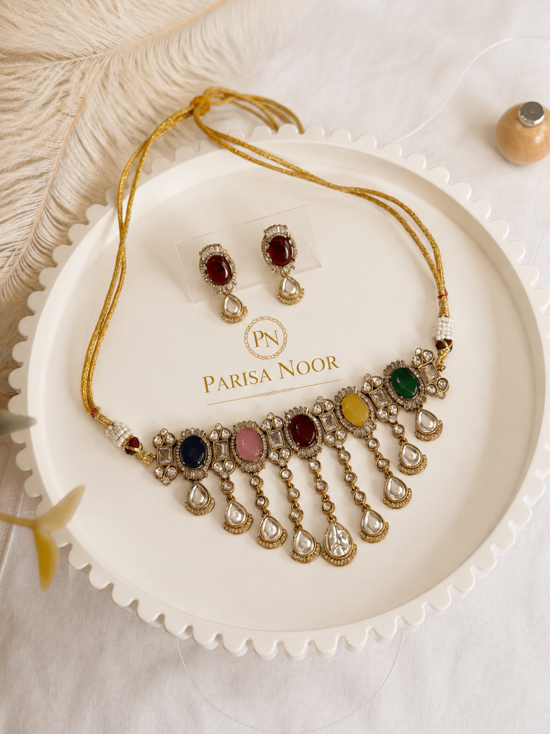 Zareefa Multicolour Waterfall Kundan Necklace Set