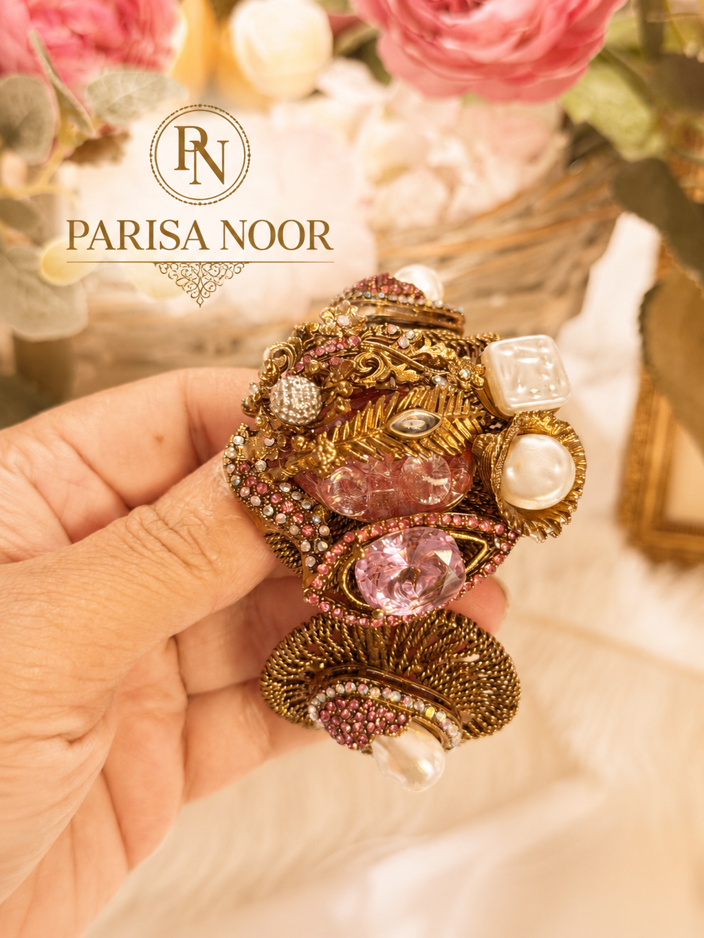 Lale Luxury Turkish Pearl & Rose Cuff Bangle