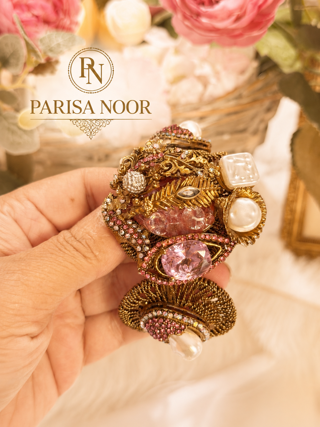 Lale Luxury Turkish Pearl & Rose Cuff Bangle