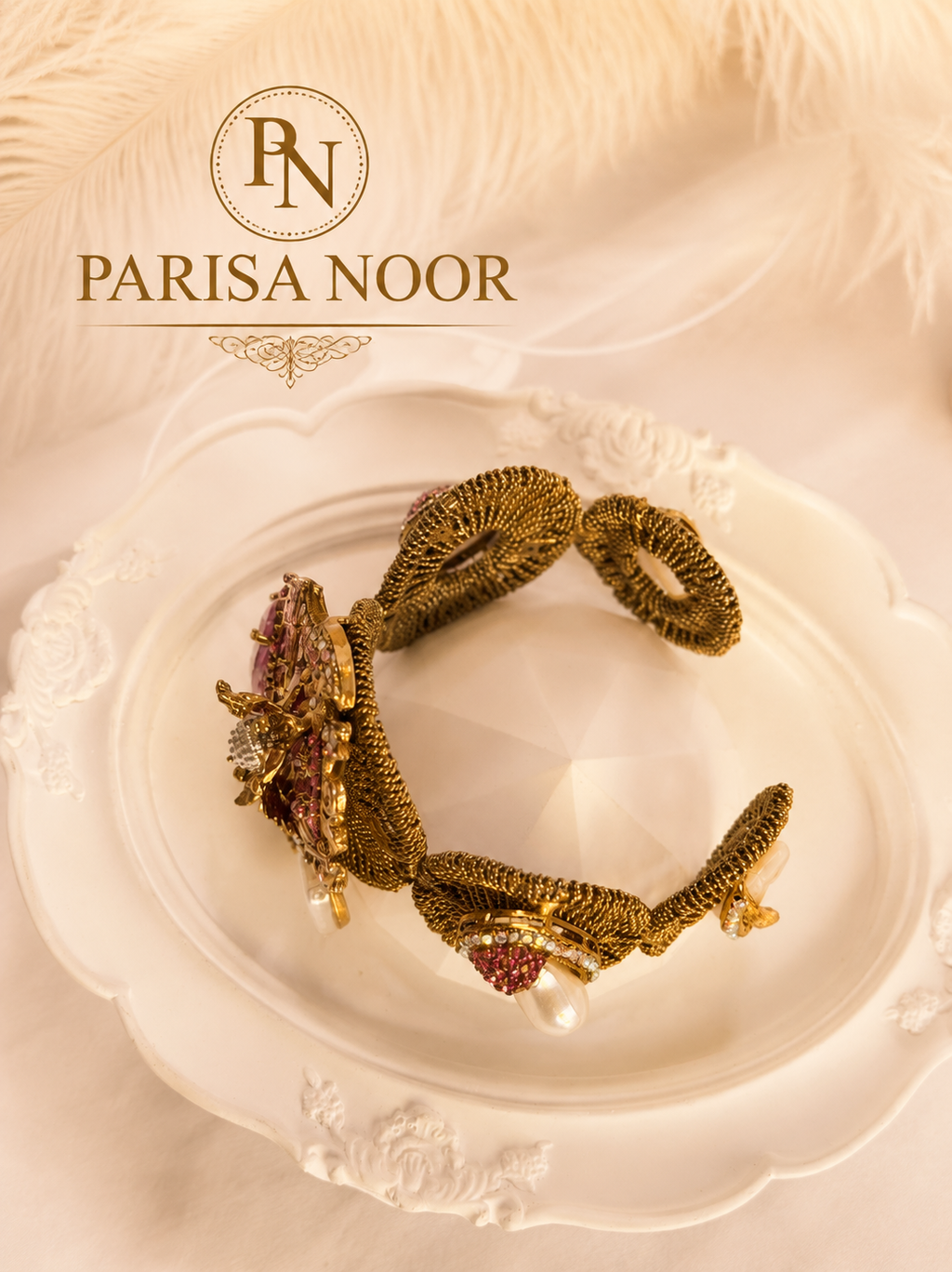 Lale Luxury Turkish Pearl & Rose Cuff Bangle