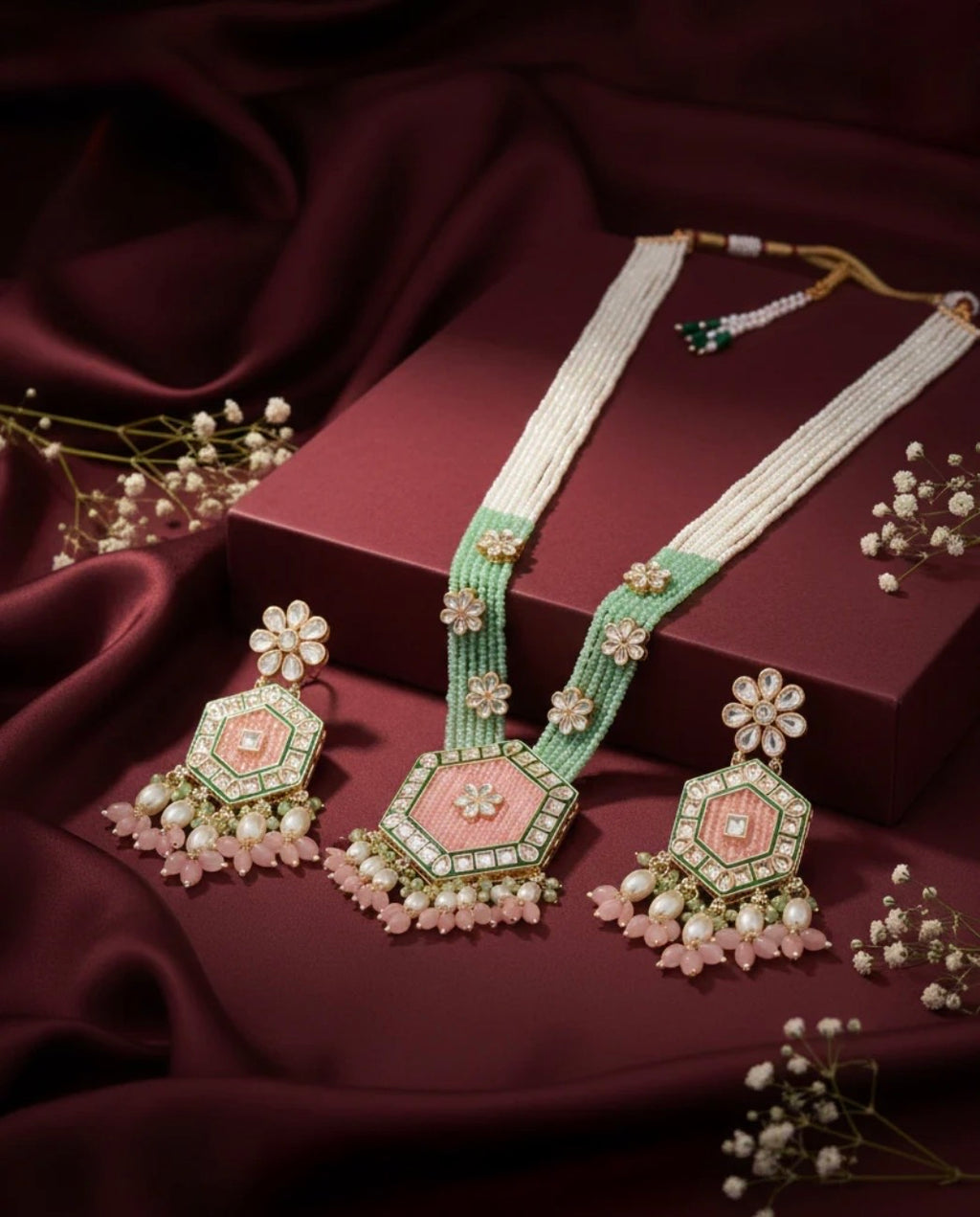 Monica Blush Mint Neelika Long Necklace Set with Earring