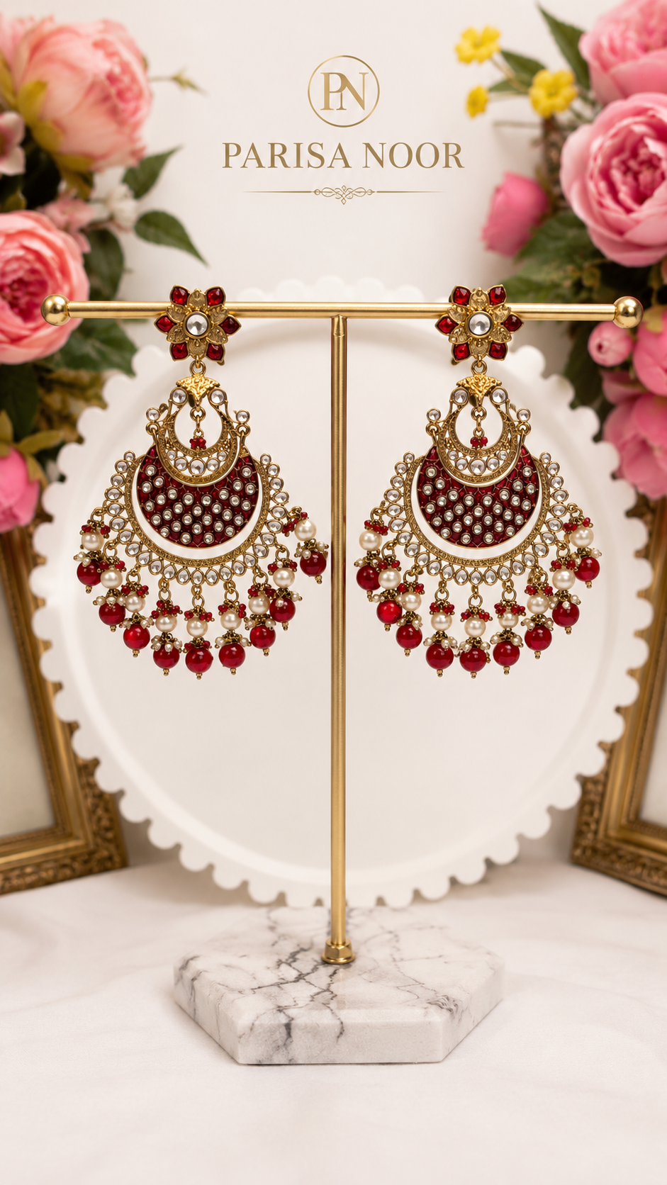 Rania Kundan Meenakari Chandbali Earrings Ruby Red