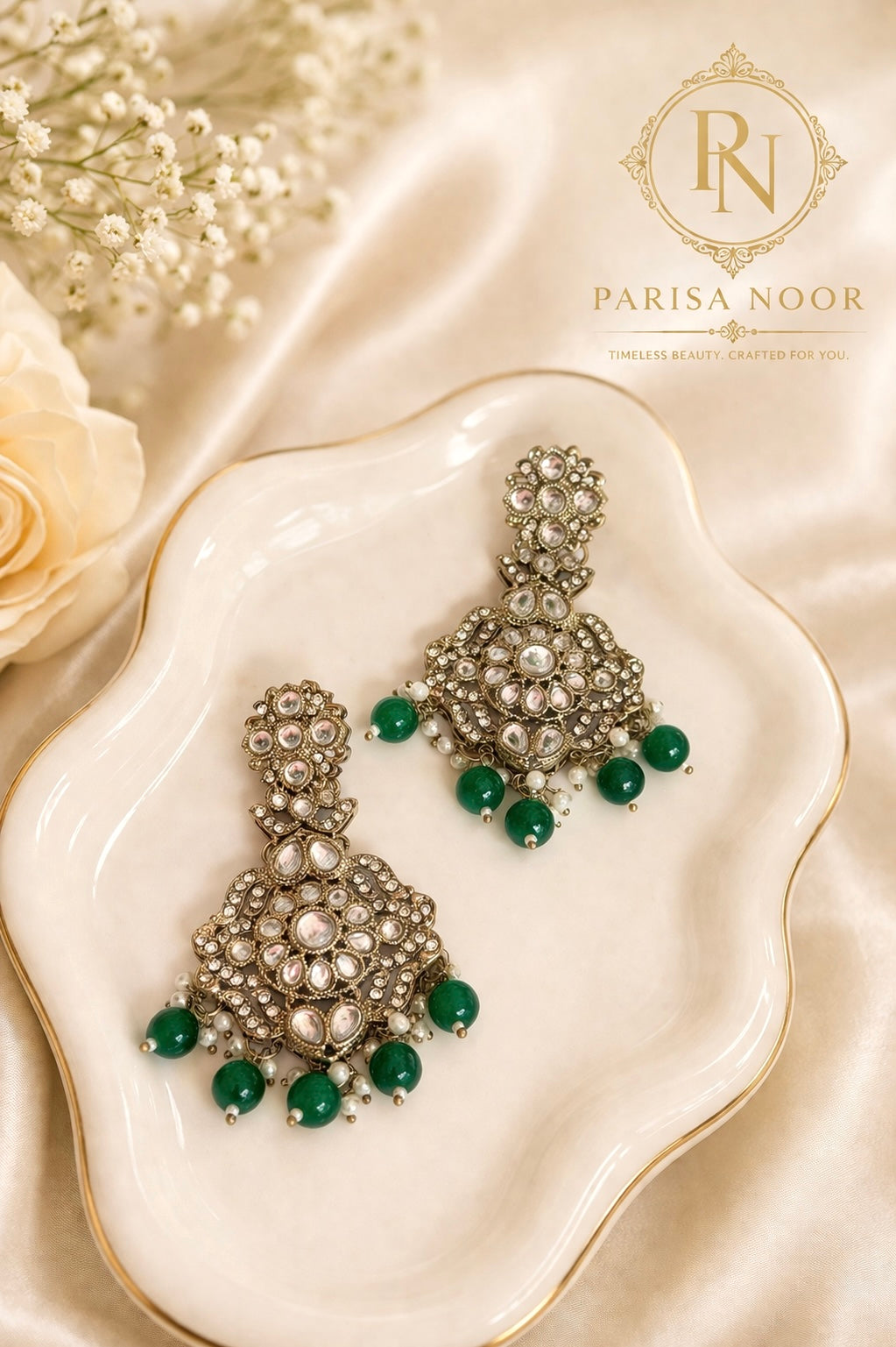 Sharvari Green Premium Necklace Set with Earring and Teeka