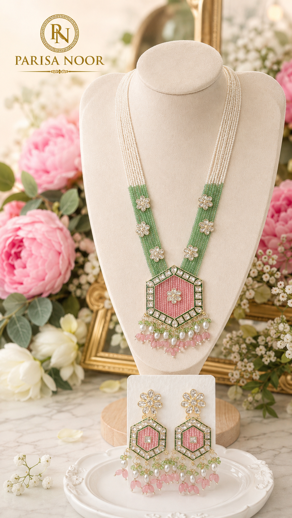 Monica Blush Mint Neelika Long Necklace Set with Earring