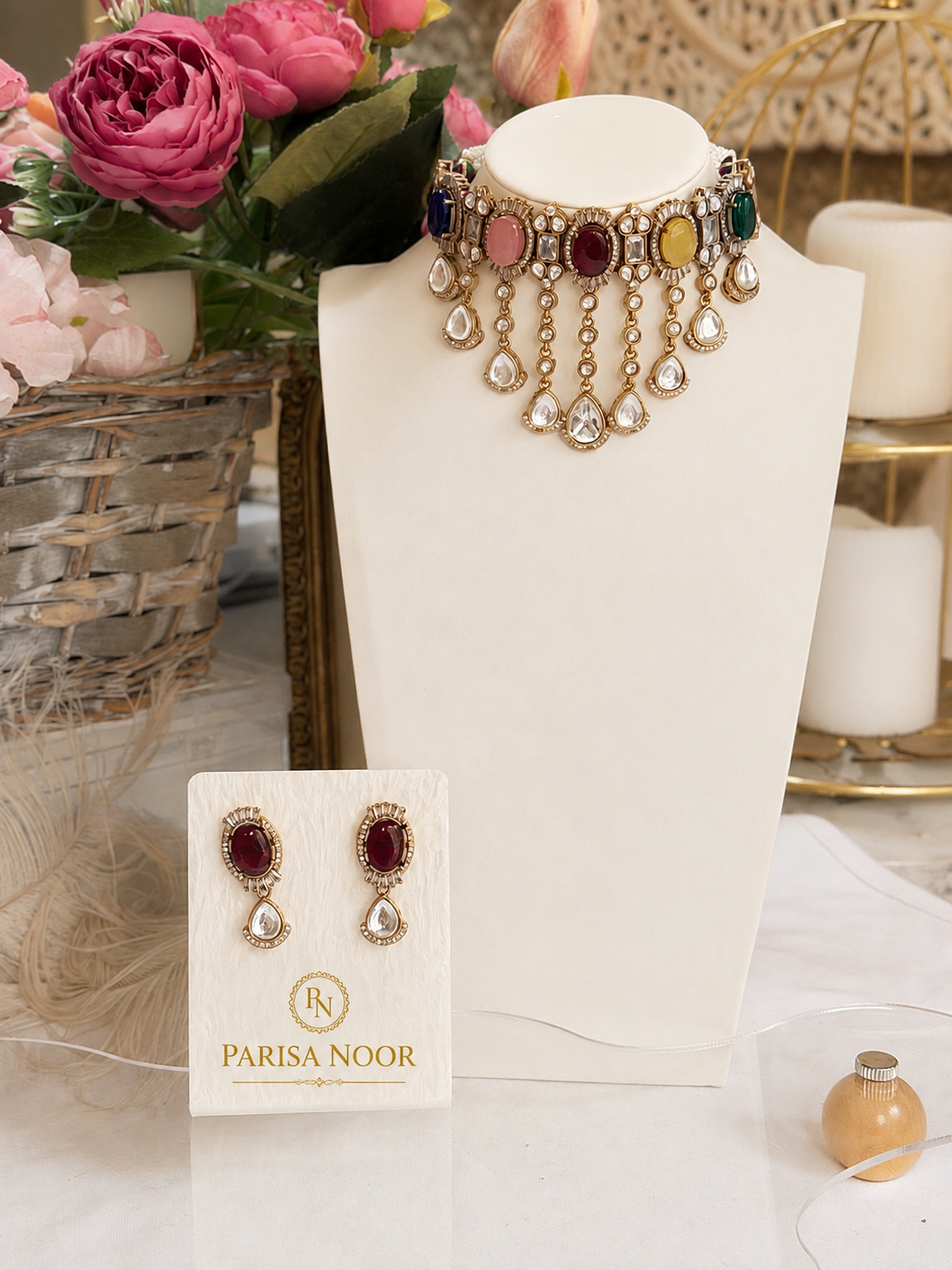 Zareefa Multicolour Waterfall Kundan Necklace Set