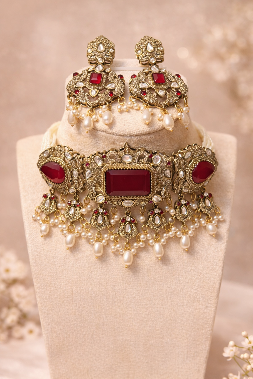 Hayat Victorian Choker Necklace set - Ruby Red