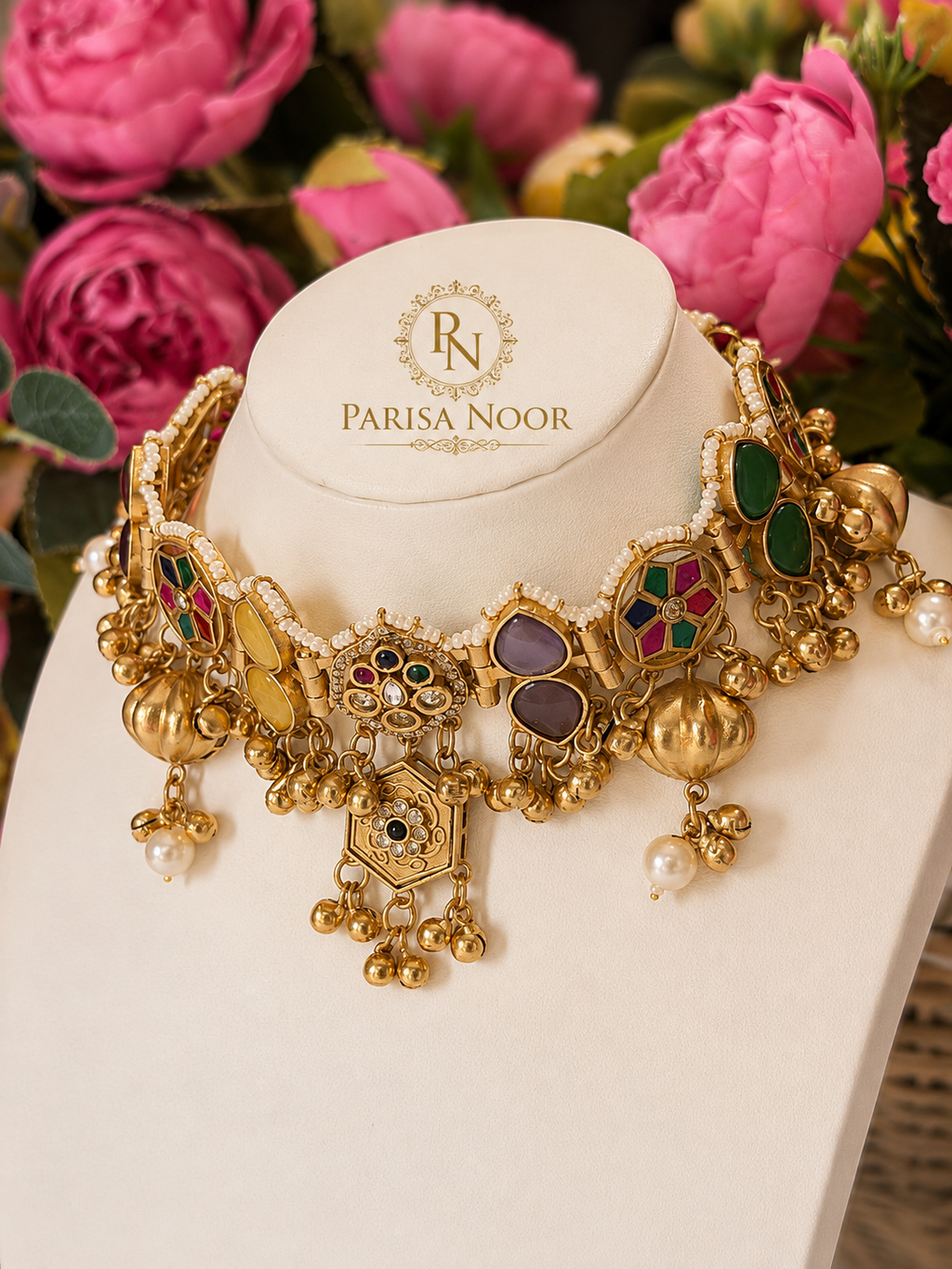 Aabroo Multicolour Ghungroo Heritage Choker Necklace Set