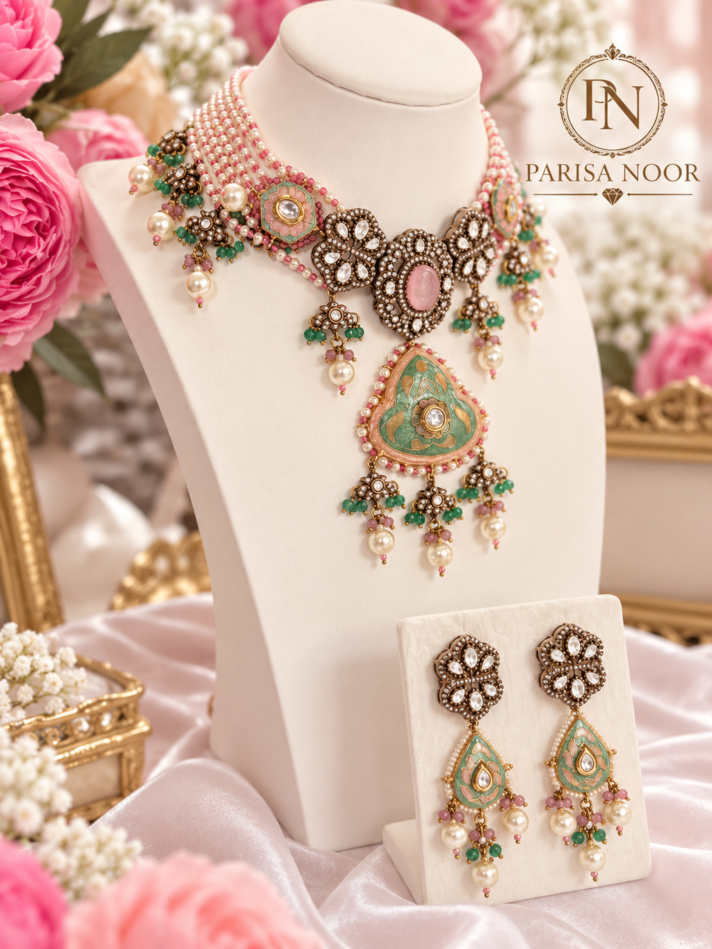 Mehrnaz Pastel Meenakari Luxury Pearl Kundan Necklace Set