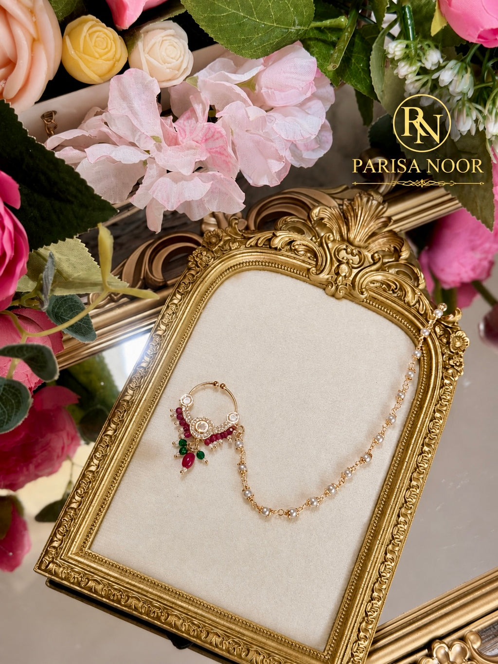 Saakhi Moissanite Nose Ring with Pearl Chain