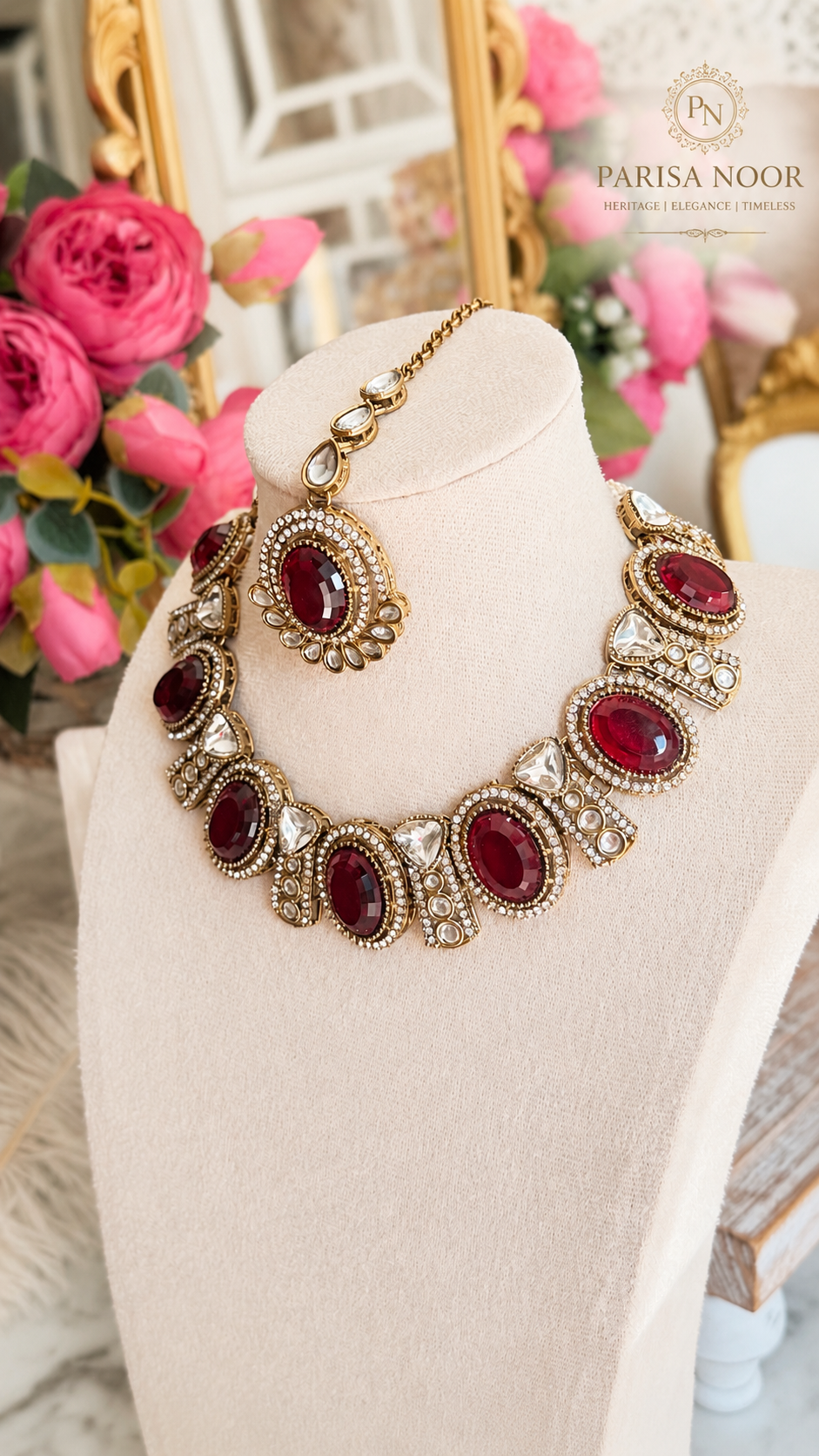 Rumena Garnet Polki Kundan Necklace Set
