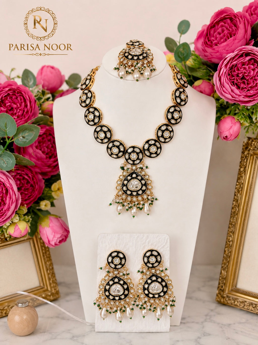 Vanya Meenakari Kundan Green Necklace Set
