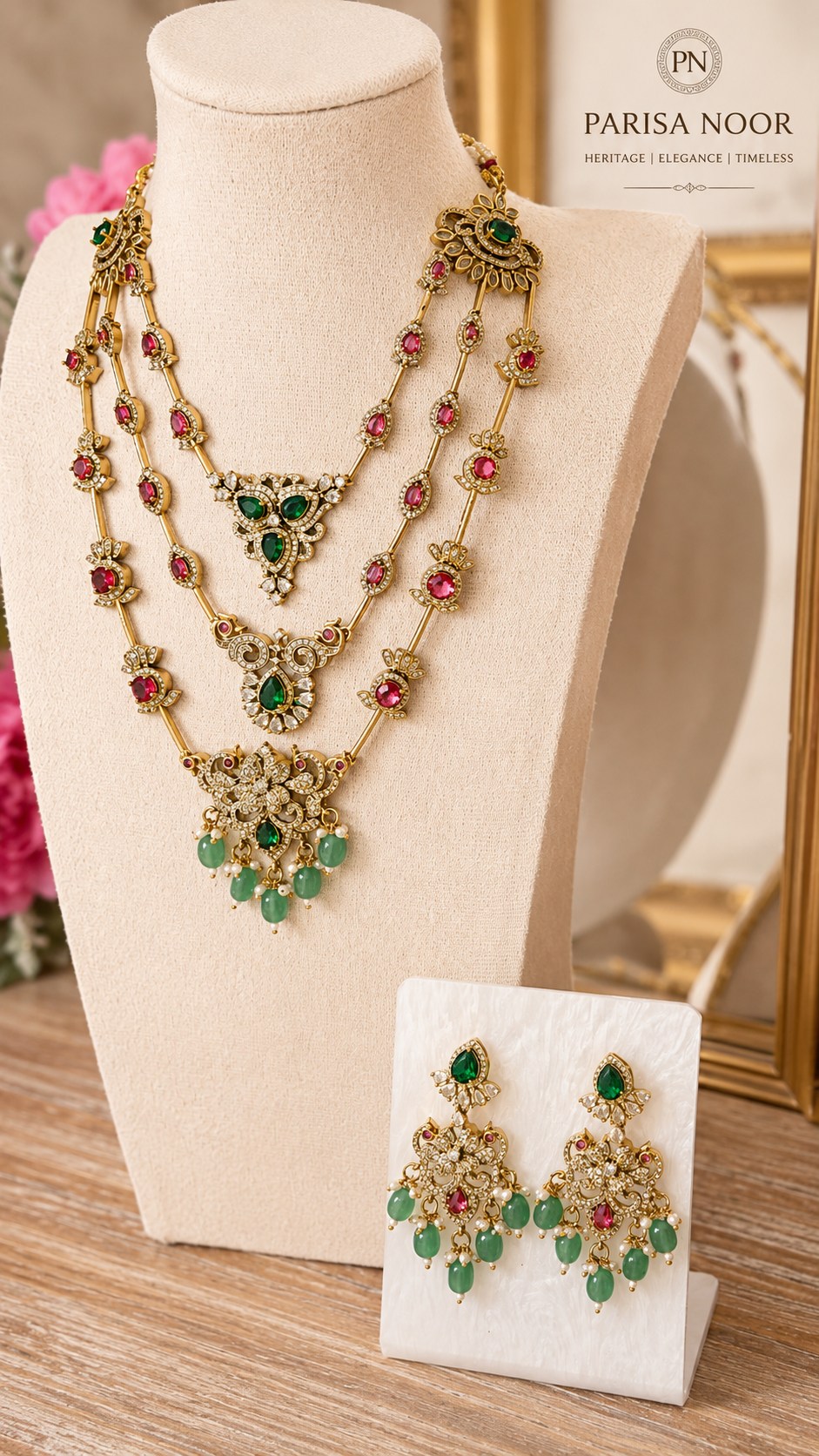 Qaynat Victorian Three Layer Semi Long Necklace Set