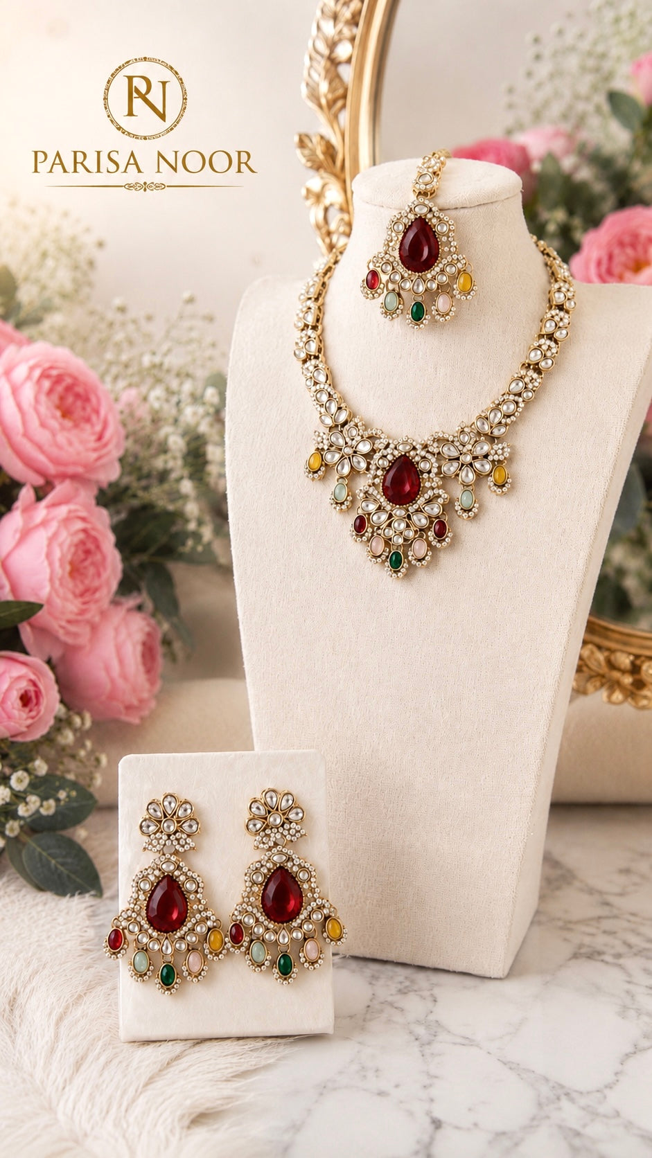 Anaya Multi Kundan Zircon Necklace Set with Teeka