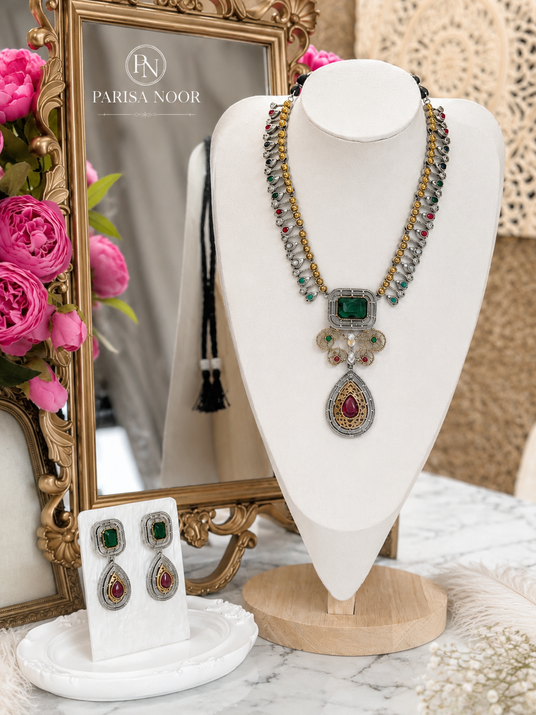 Saharika Oxidised Emerald Pendant Necklace Set