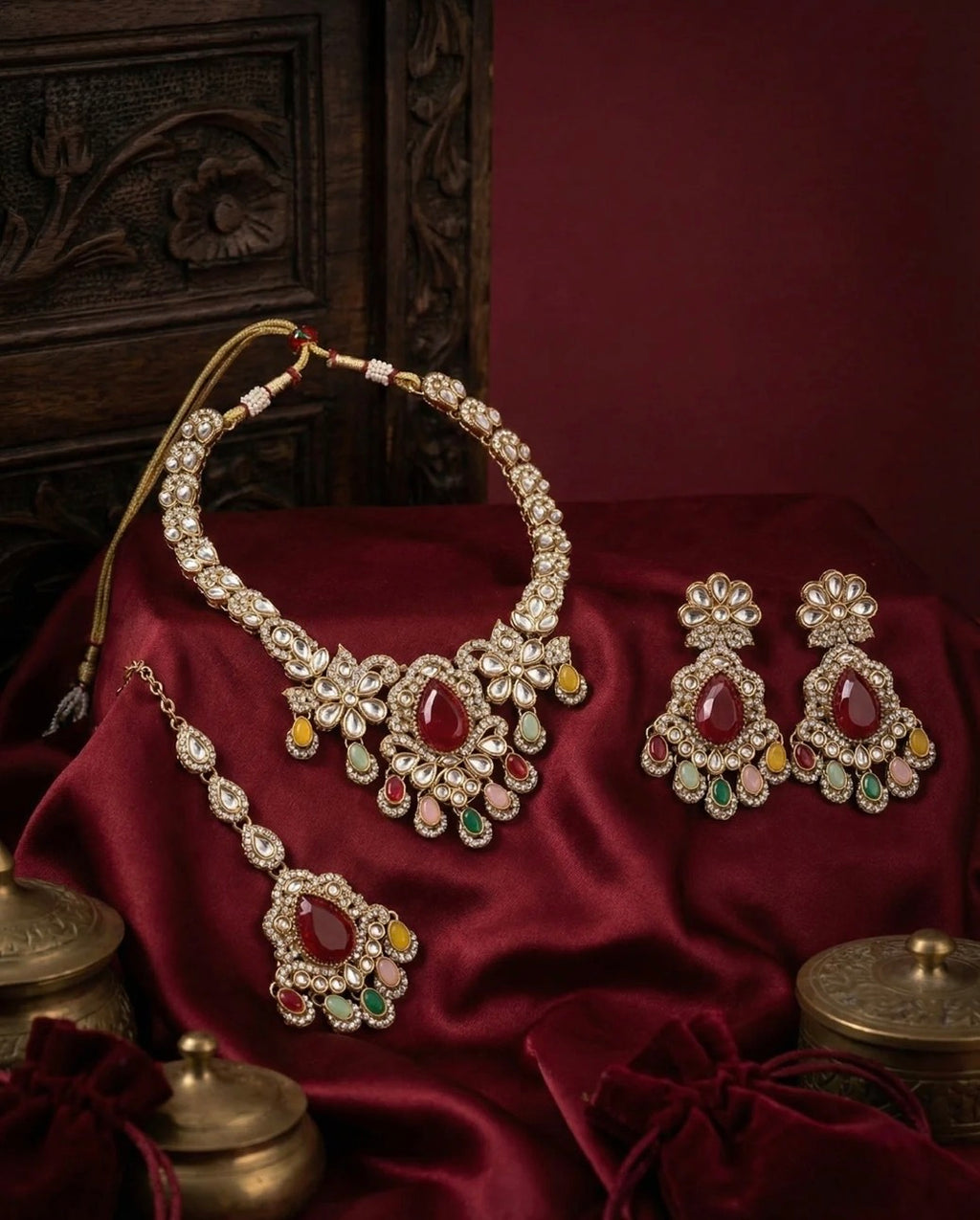 Anaya Multi Kundan Zircon Necklace Set with Teeka