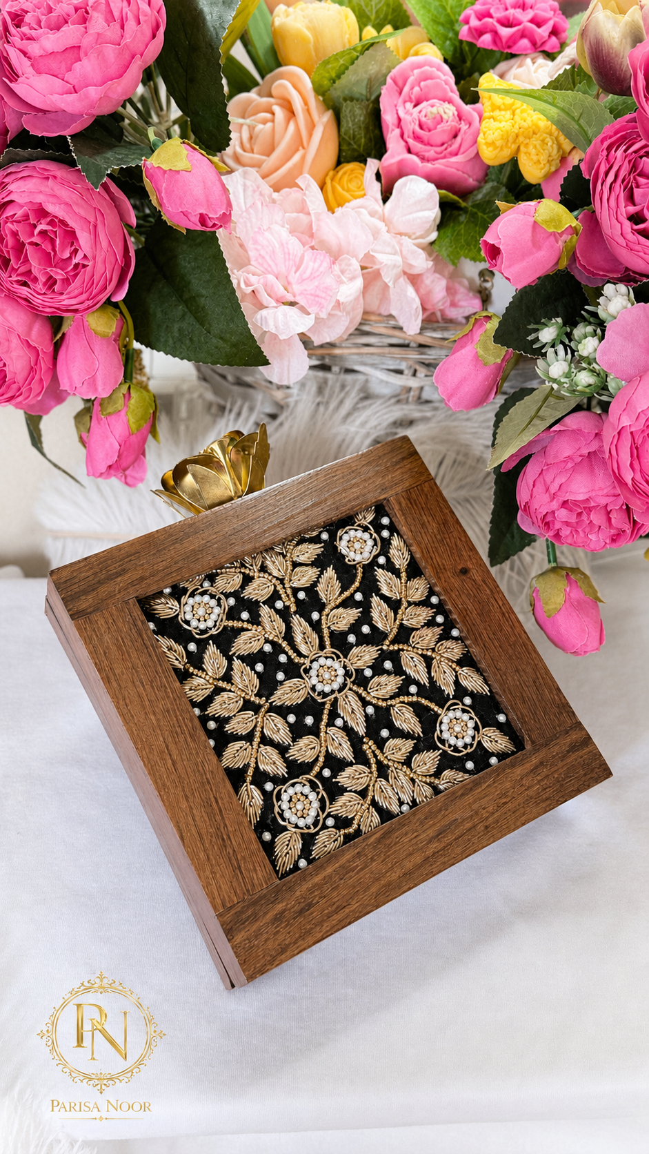 Virelle Embroidered Wooden Box Clutch