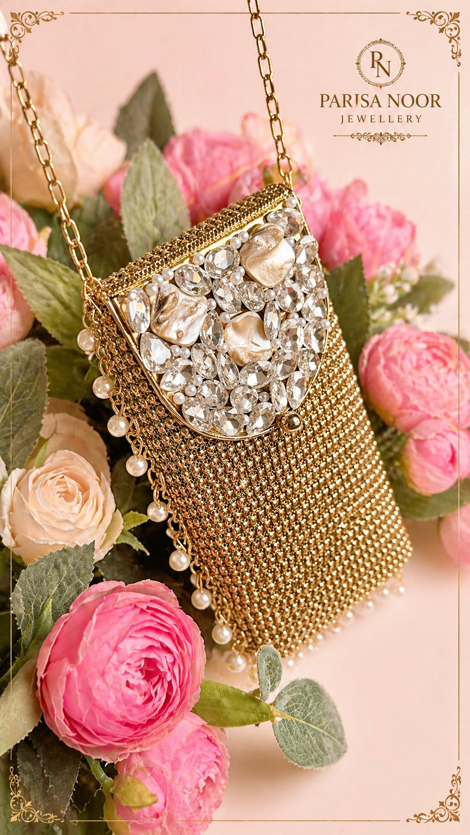 Brass Mother of Pearl Mobile Clutch Bag Gold