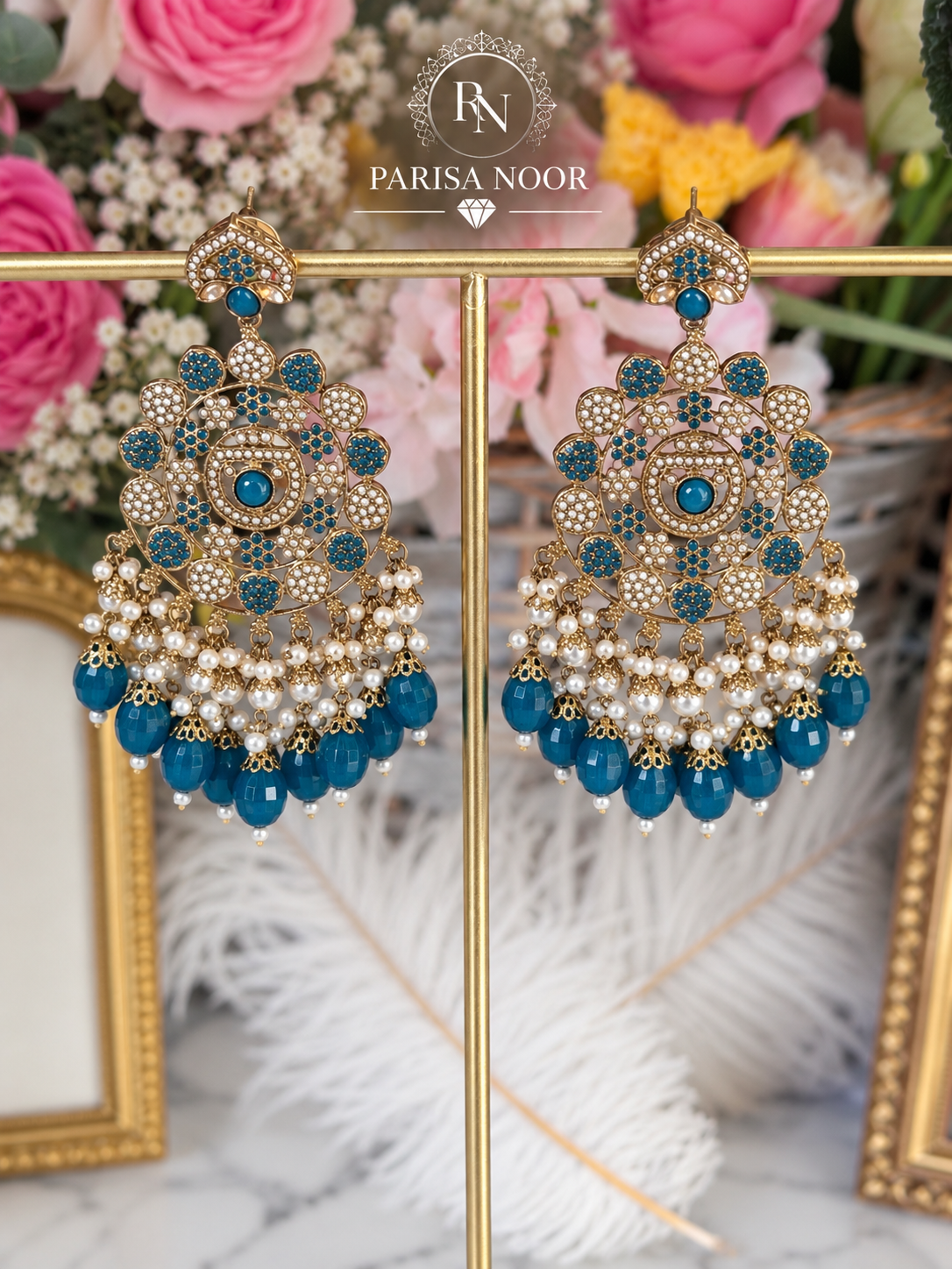Zafira Turkish Blue Kundan Pearl Statement Earrings
