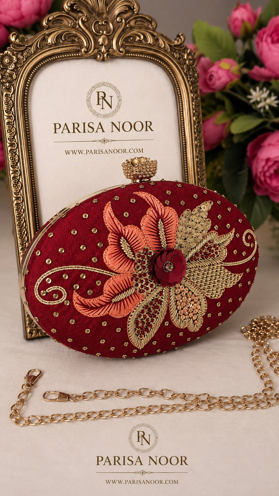 Elena Red Oval Embroidered Clutch