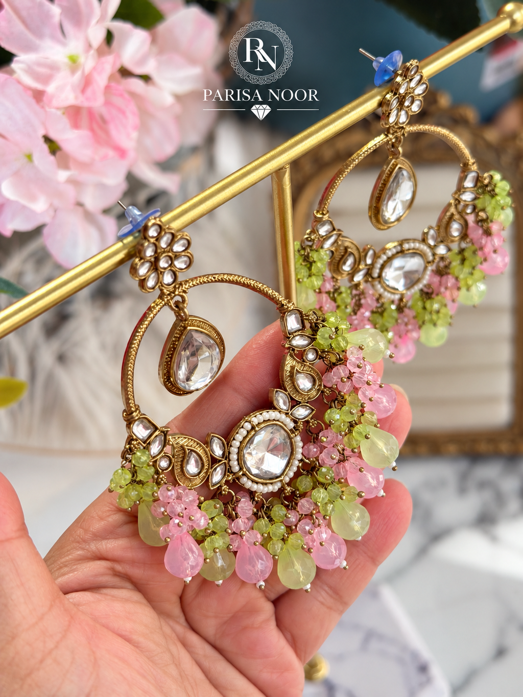 Zelina Mint & Pink Kundan Beaded Chandbali Earrings