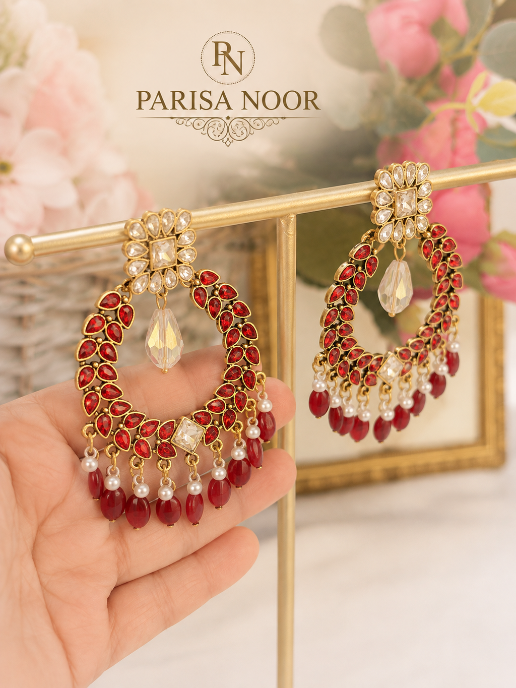 Roshni Ruby Crystal Chandbali Earrings