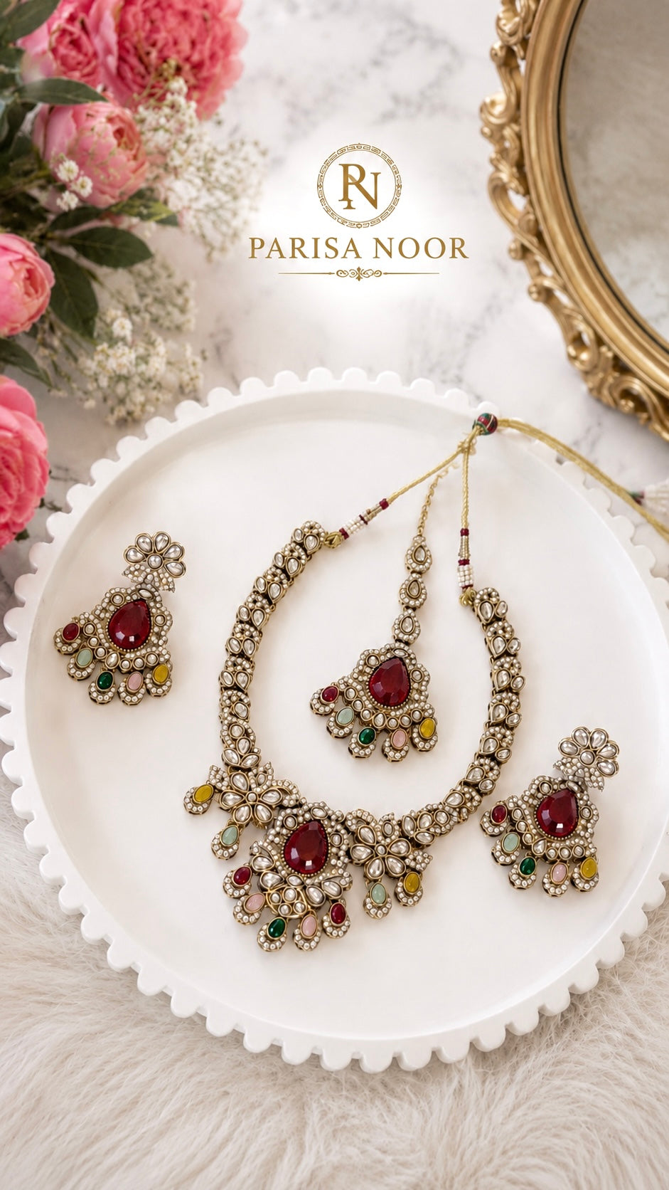 Anaya Multi Kundan Zircon Necklace Set with Teeka