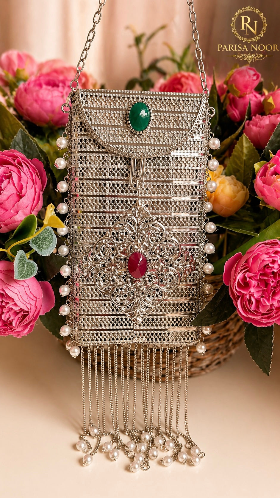Archie Brass Mobile Silver Clutch