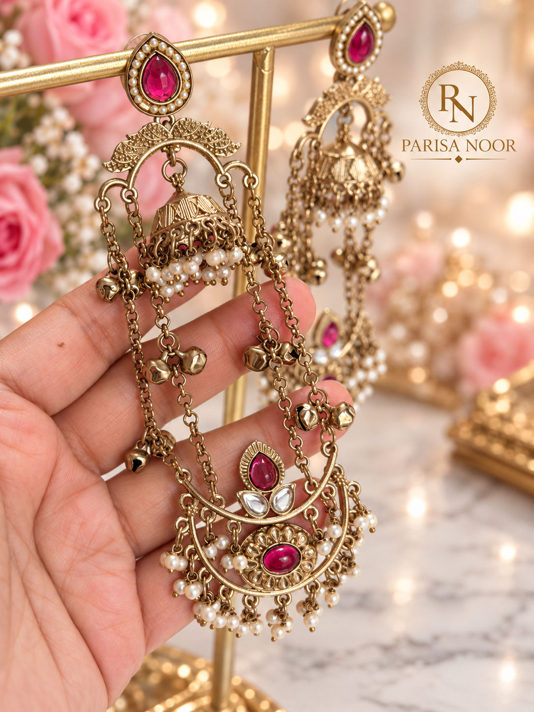 Mahrika Ruby Pink Champagne Ghungru Earrings