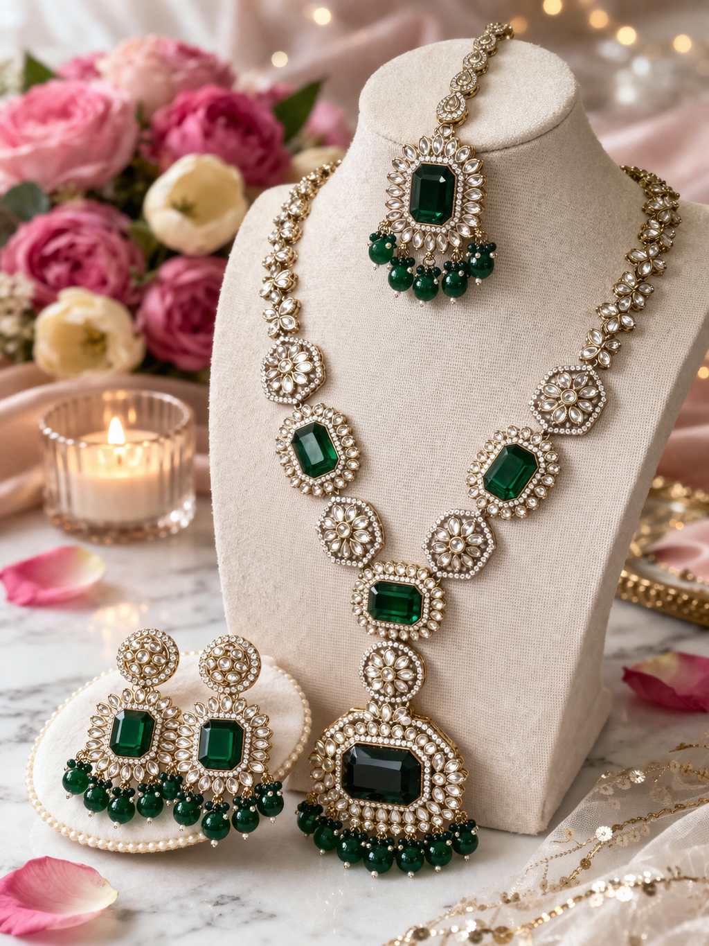 Shalimar Green Premium Polki Long Necklace with Earring and Teeka