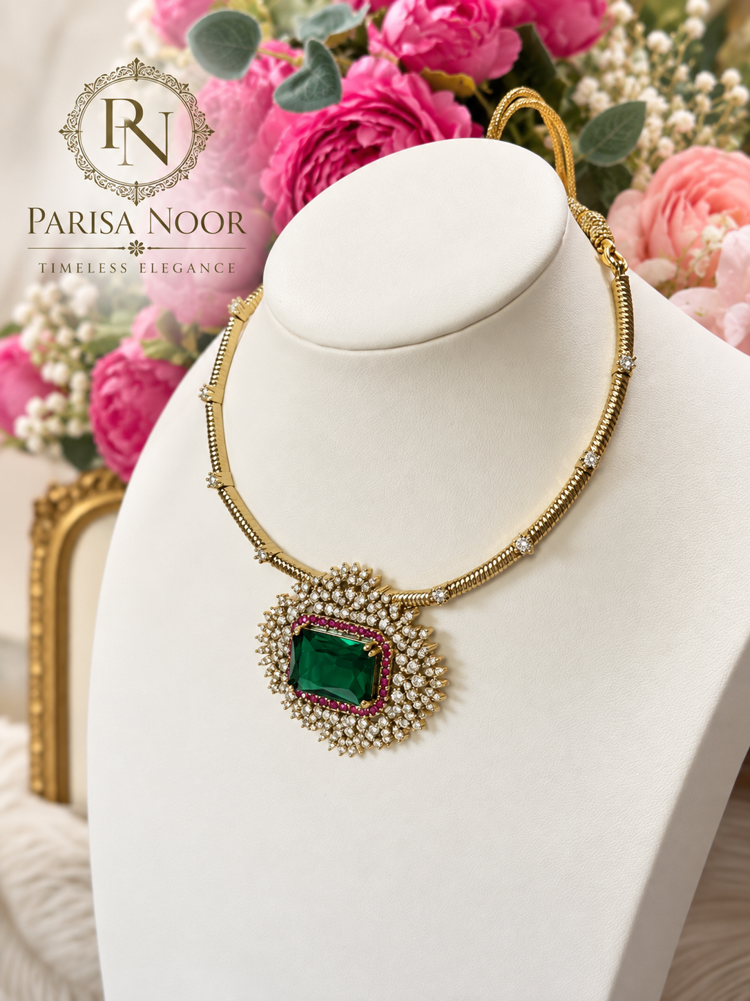 Mahira Emerald Designer Hasli Necklace Set