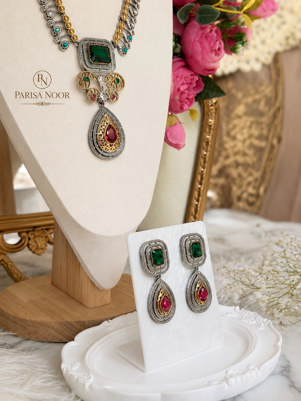 Saharika Oxidised Emerald Pendant Necklace Set