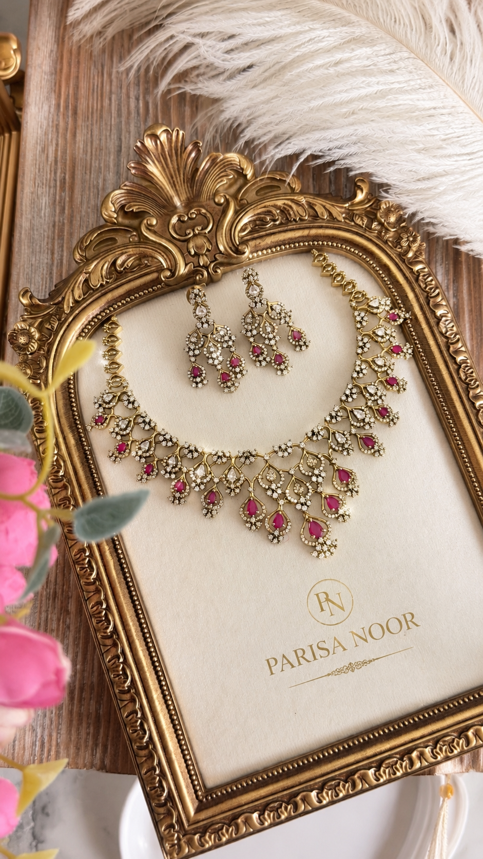 Rubaab Victorian Moissanite Necklace Set – Ruby Pink