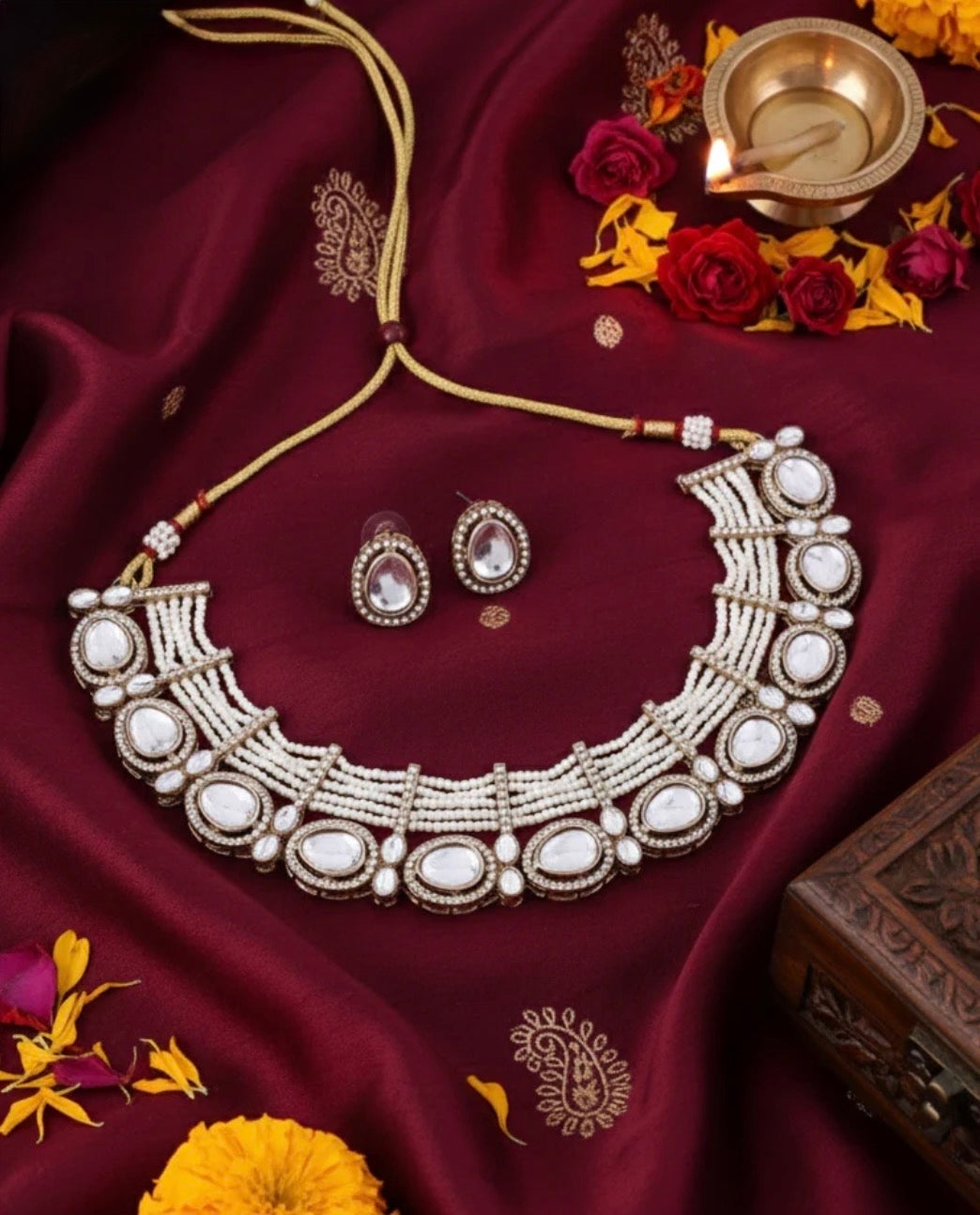 Sabina Pearl Zircone Polki Pearl Necklace with Earring