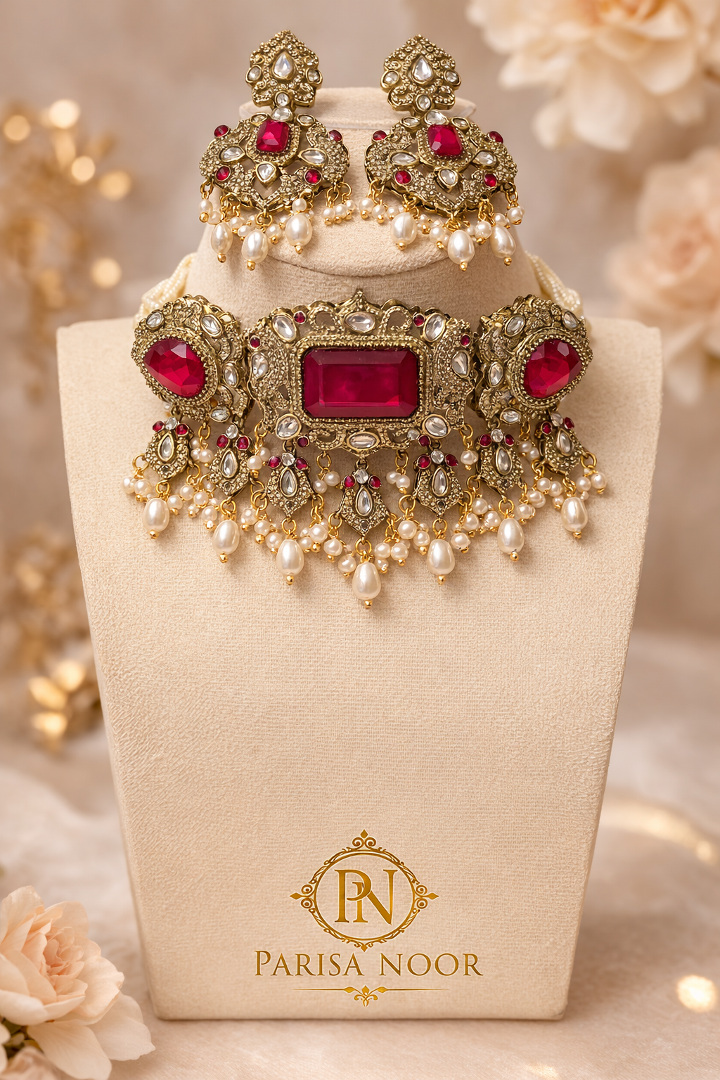 Hayat Victorian Choker Necklace set - Ruby Red
