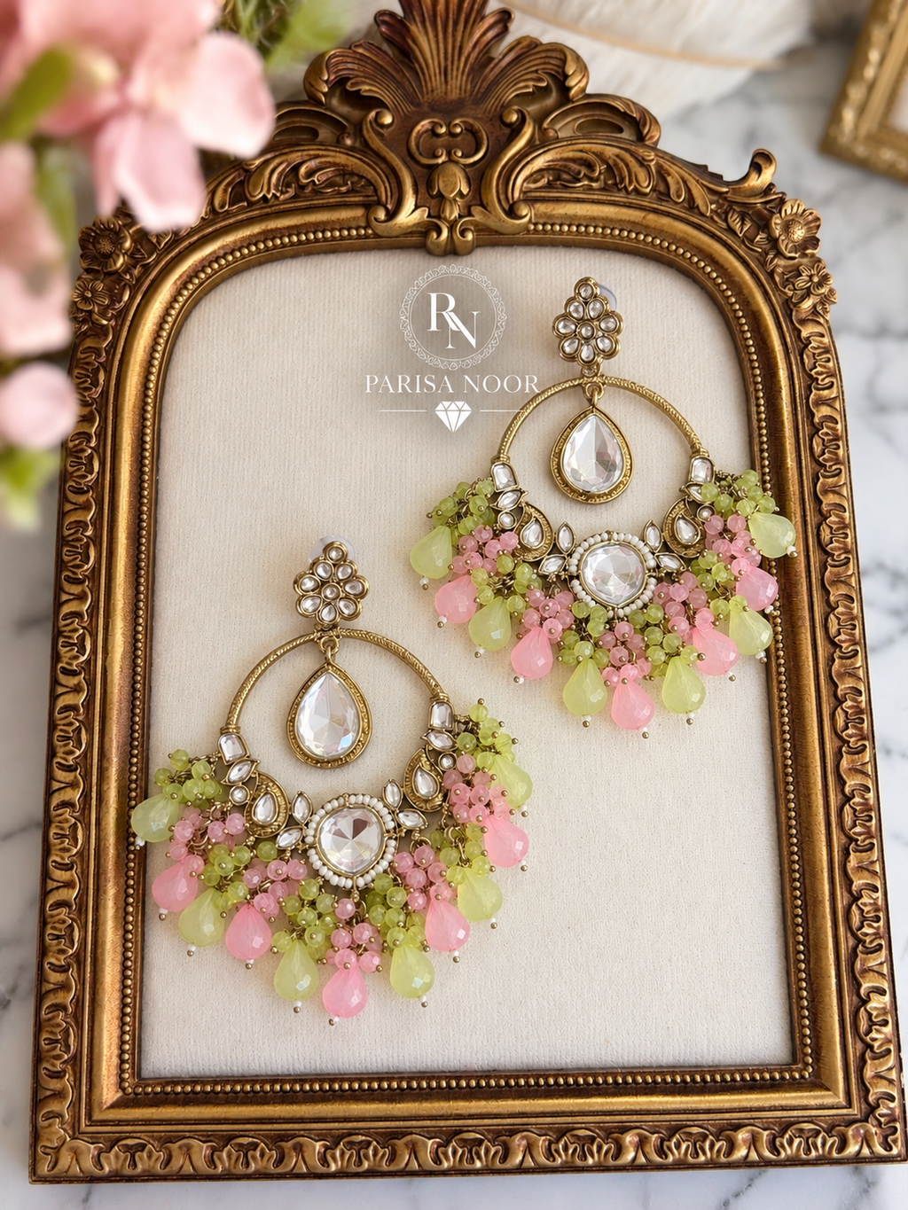Zelina Mint & Pink Kundan Beaded Chandbali Earrings