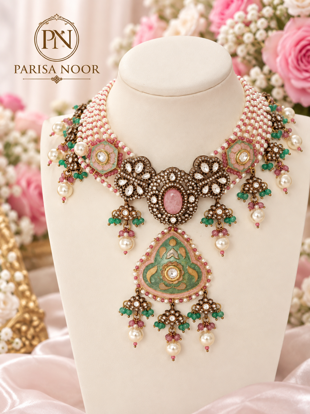 Mehrnaz Pastel Meenakari Luxury Pearl Kundan Necklace Set