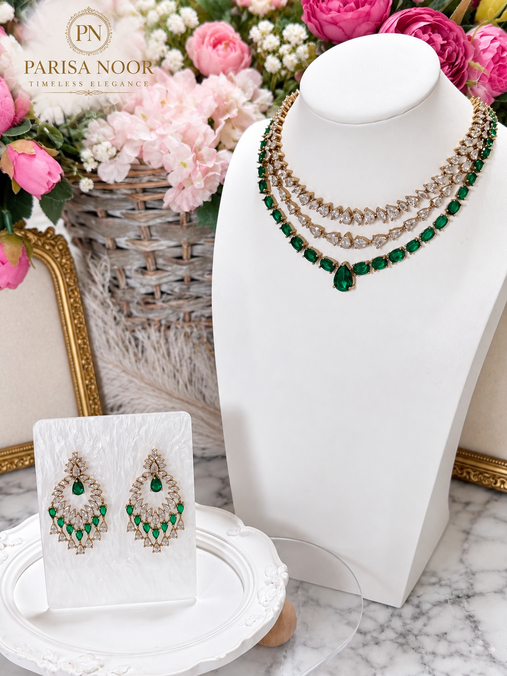 Avelora Layered Emerald Victorian AD Necklace Set