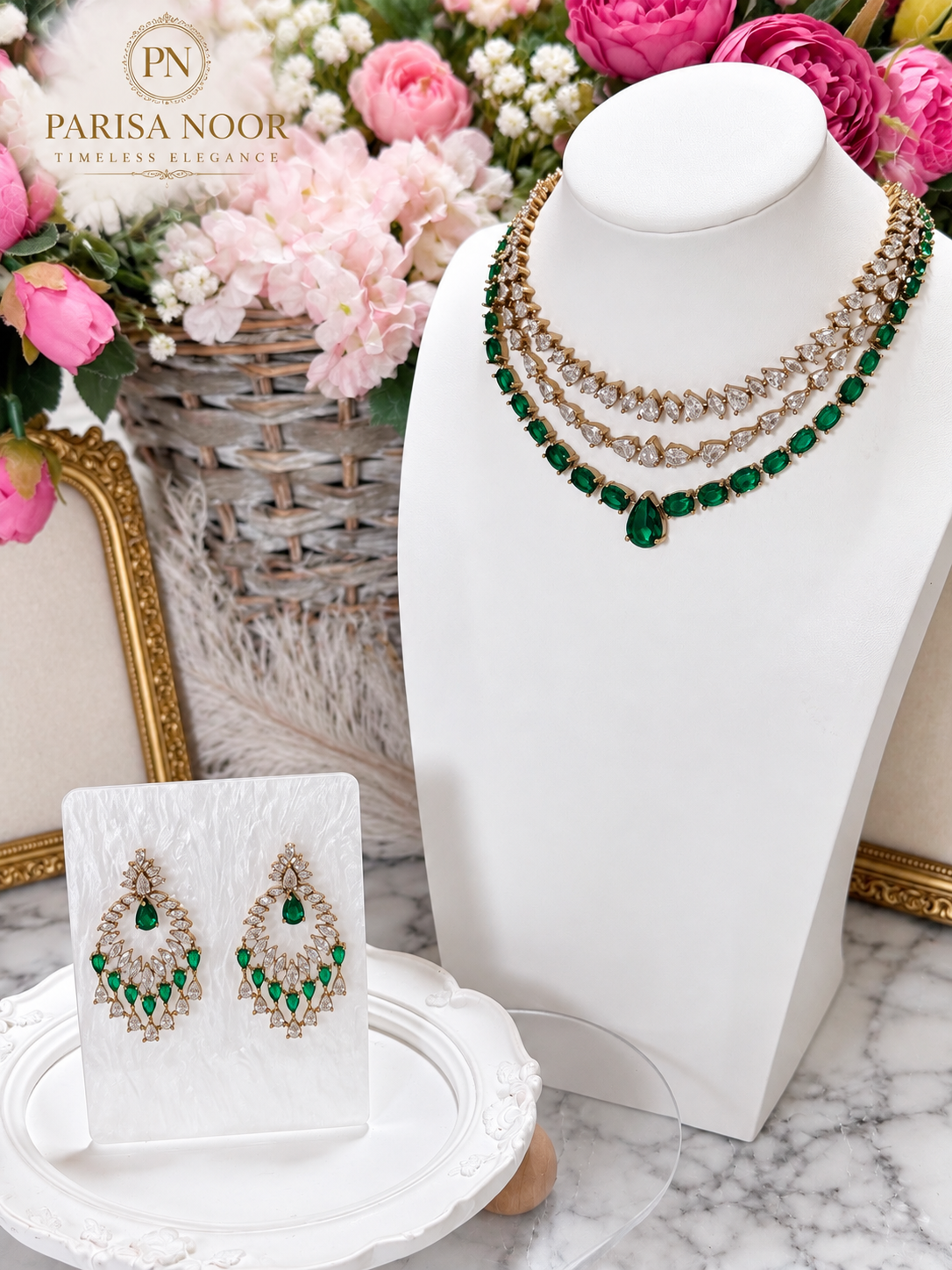 Avelora Layered Emerald Victorian AD Necklace Set