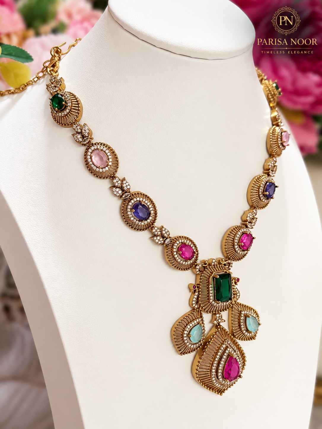 Kashira Multicolour Semi-Long Heritage AD Necklace Set