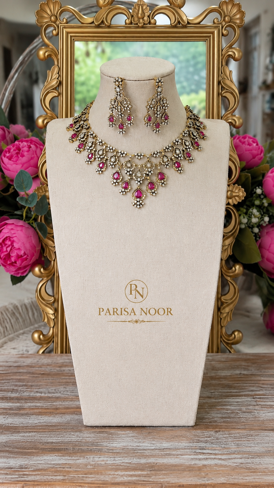 Rubaab Victorian Moissanite Necklace Set – Ruby Pink