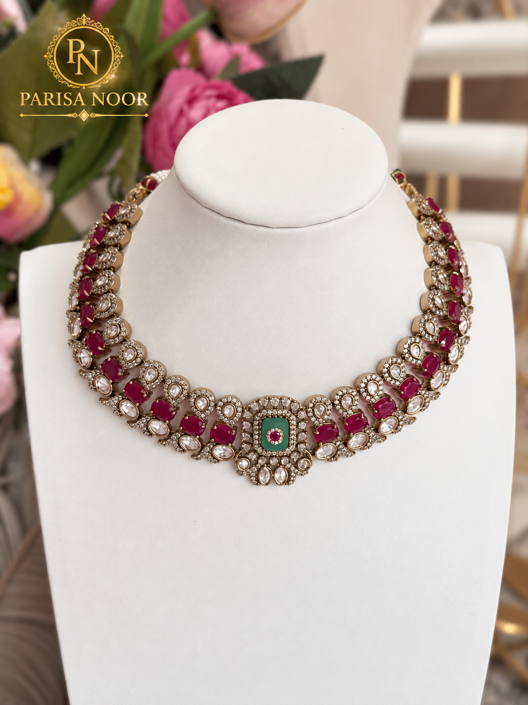 Elvaira Ruby Pink & Mint Green Premium Victorian Designer Necklace Set