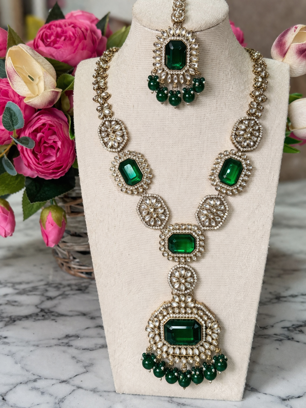 Shalimar Green Premium Polki Long Necklace with Earring and Teeka