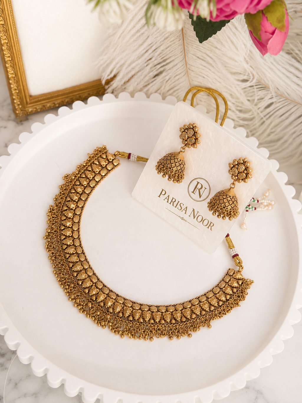 Vamika Antique Gold Jhumki Necklace Set
