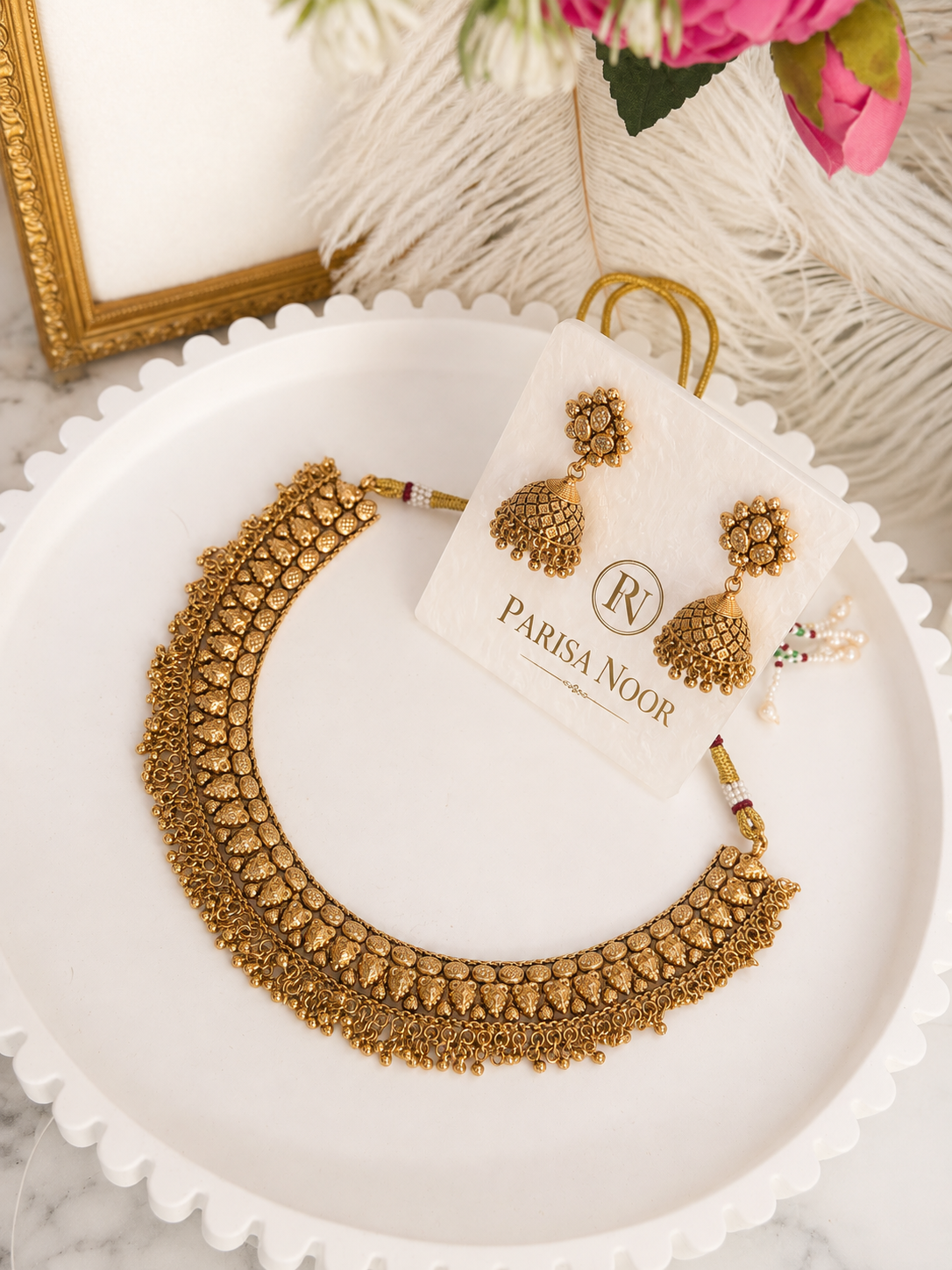 Vamika Antique Gold Jhumki Necklace Set