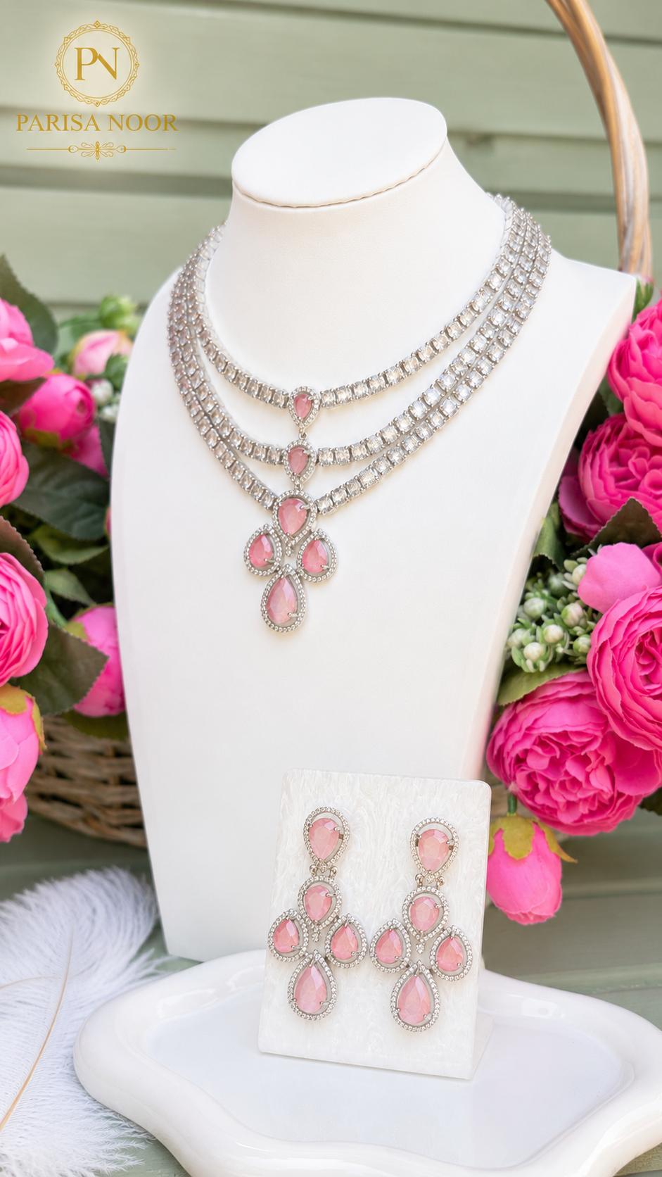 Diya Blush Pink Layered AD Necklace Set
