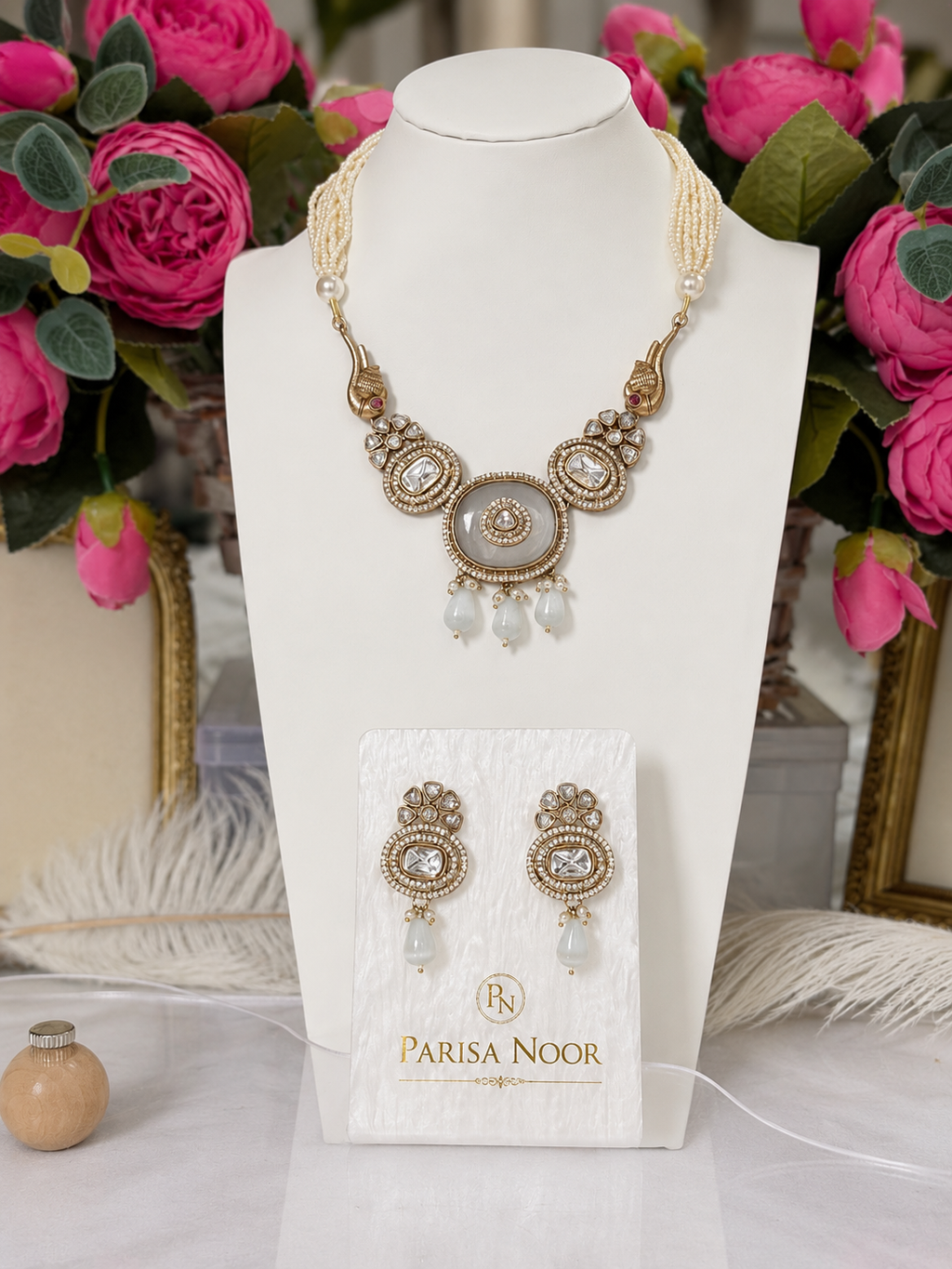 Avni Ivory Polki & Pearl Designer Semi Long Necklace Set