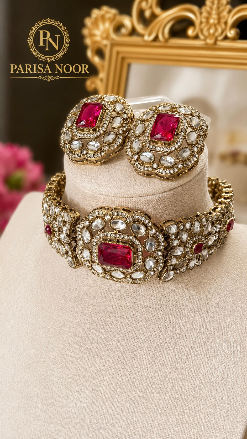 Nivedi Choker Necklace Set - Ruby Red