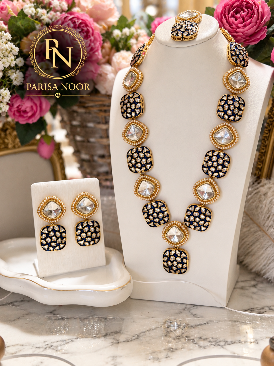 Ruhsana Royal Blue Meenakari Kundan Long Necklace Set