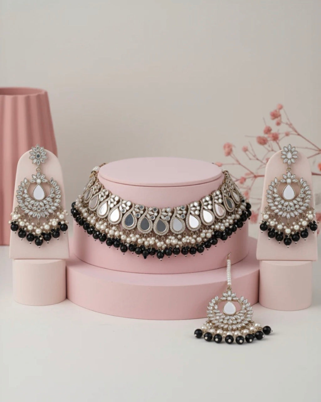 Disha Blush Mirror Necklace Earrings & Maangteeka