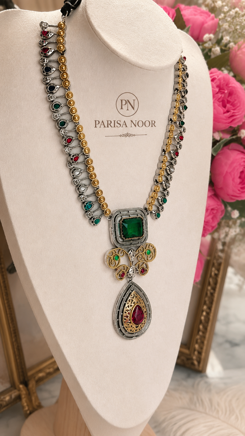 Saharika Oxidised Emerald Pendant Necklace Set